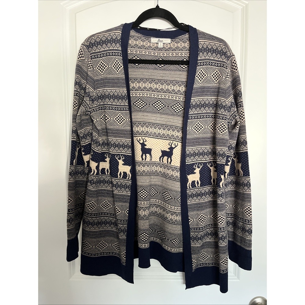 BASS USA S Navy Blue Beige DEER Knit Open Front LONG CARDIGAN Sweater FAIR ISLE